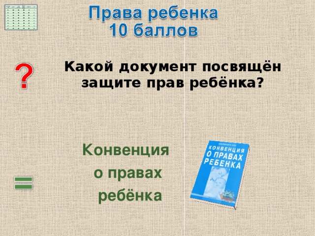  Какой документ посвящён защите прав ребёнка? Конвенция о правах  ребёнка 