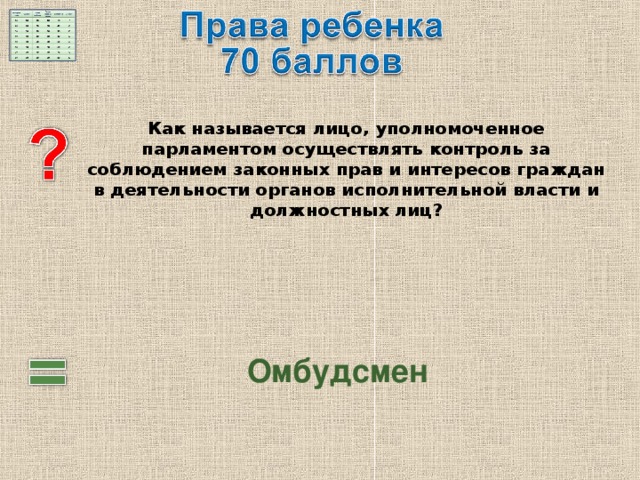  Как называется лицо, уполномоченное парламентом осуществлять контроль за соблюдением законных прав и интересов граждан в деятельности органов исполнительной власти и должностных лиц? Омбудсмен 