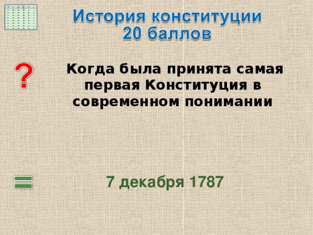   Когда была принята самая первая Конституция в современном понимании 7 декабря 1787 