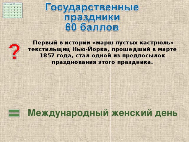   Первый в истории «марш пустых кастрюль» текстильщиц Нью-Йорка, прошедший в марте 1857 года, стал одной из предпосылок празднования этого праздника.  Международный женский день 