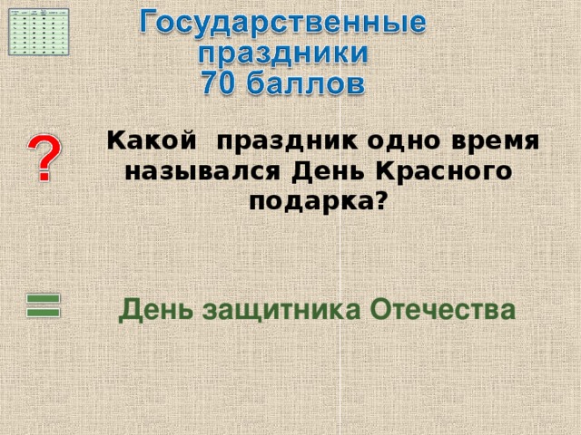   Какой праздник одно время назывался День Красного подарка? День защитника Отечества 