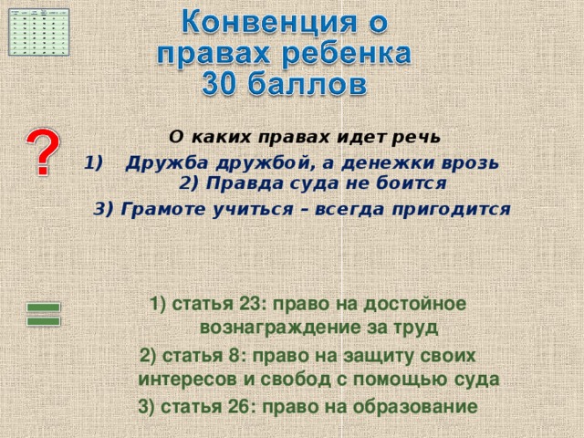 О каких правах идет речь Дружба дружбой, а денежки врозь  2) Правда суда не боится 3) Грамоте учиться – всегда пригодится  1) статья 23: право на достойное вознаграждение за труд 2) статья 8: право на защиту своих интересов и свобод с помощью суда 3) статья 26: право на образование 