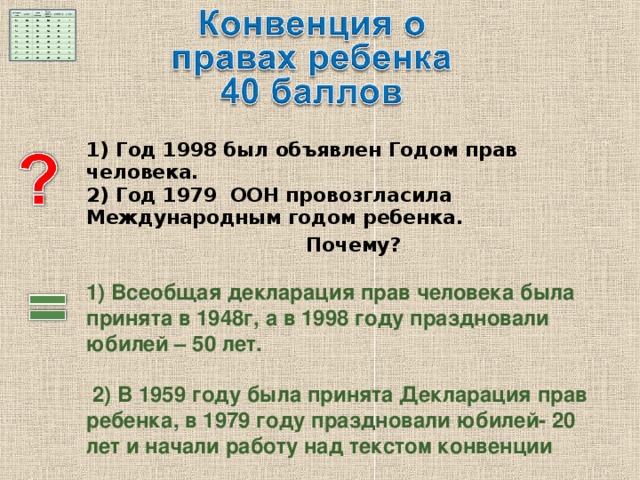 1) Год 1998 был объявлен Годом прав человека.  2) Год 1979 ООН провозгласила Международным годом ребенка.  Почему? 1) Всеобщая декларация прав человека была принята в 1948г, а в 1998 году праздновали юбилей – 50 лет.   2) В 1959 году была принята Декларация прав ребенка, в 1979 году праздновали юбилей- 20 лет и начали работу над текстом конвенции 
