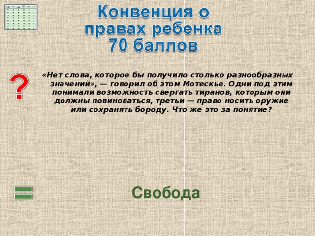 «Нет слова, которое бы получило столько разнообразных значений», — говорил об этом Мотескье. Одни под этим понимали возможность свергать тиранов, которым они должны повиноваться, третьи — право носить оружие или сохранять бороду. Что же это за понятие? Свобода 