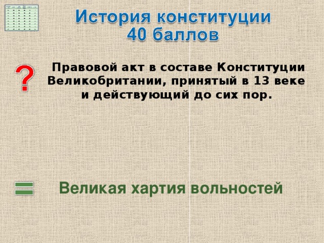   Правовой акт в составе Конституции Великобритании, принятый в 13 веке и действующий до сих пор.  Великая хартия вольностей 