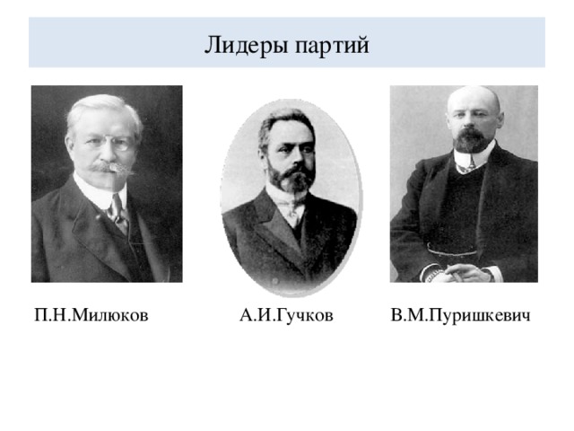Лидеры партий П.Н.Милюков А.И.Гучков В.М.Пуришкевич 