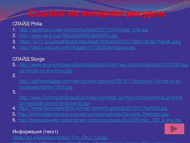 Ссылки на интернет ресурсы СЛАЙД Philia http://ugranow.ru/wp-content/uploads/2013/04/image_05b.jpg http://www. муж.рф/ IMG/83c28053a58af00.jpg https://or71.ru/upload/iblock/e5a/e5ab1642ac0c037c126bc1809c716ce8.jpeg http://data1.whicdn.com/images/121760624/original.jpg СЛАЙД Storge http://www.anonymousproductionassistant.com/wp-content/uploads/2012/08/happy-family-on-the-floor.jpg 2. http://gatheredagain.com/wp-content/uploads/2013/11/bigstock-Portrait-of-an-extended-family-1024.jpg 3. http://www.richmondhillvaughancleaningmaids.ca/img/richmondhillvaughancleaningmaids-promo-entertain2.jpg 4. https://www.familylawrights.net/wp-content/uploads/2013/07/family2.jpg 5. http://emeralddentalcare.com/wp-content/uploads/Geriatric-Dentistry.jpg 6. http:// бирюзовыйостров.рф/ wp-content/uploads/2015/09/reliz_739_2.png.jpg Информация (текст) https://en.wikipedia.org/wiki/The_Four_Loves http://definitelyfilipino.com/blog/the-four-brothers-eros-storge-philia-and-agape/  