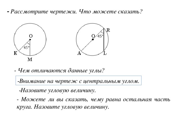 - Рассмотрите чертежи. Что можете сказать? - Чем отличаются данные углы? - Внимание на чертеж с центральным углом.  - Назовите угловую величину. - Можете ли вы сказать, чему равна остальная часть круга. Назовите угловую величину. 