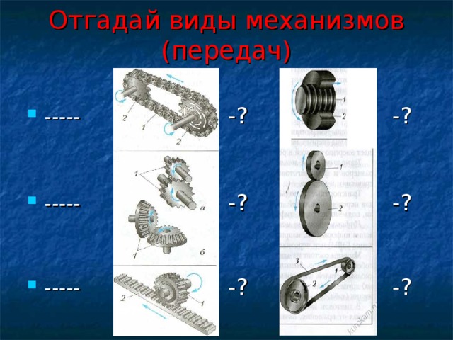 Отгадай виды механизмов (передач) ----- -? -? ----- -? -?  ----- -? -? 