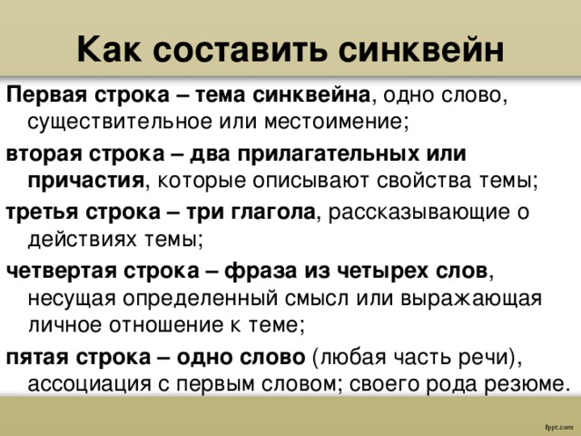  Как составить синквейн   Первая строка – тема синквейна , одно слово, существительное или местоимение; вторая строка – два прилагательных или причастия , которые описывают свойства темы; третья строка – три глагола , рассказывающие о действиях темы; четвертая строка – фраза из четырех слов , несущая определенный смысл или выражающая личное отношение к теме; пятая строка – одно слово  (любая часть речи), ассоциация с первым словом; своего рода резюме. 