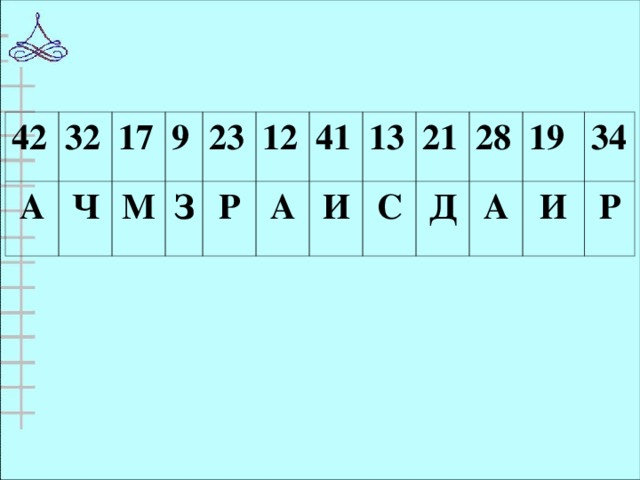 42 32 А Ч 17 9 М З 23 Р 12 А 41 И 13 С 21 Д 28 А 19 34 И Р