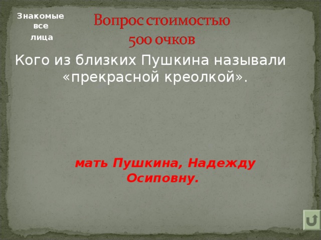 Знакомые все  лица Кого из близких Пушкина называли «прекрасной креолкой».  мать Пушкина, Надежду Осиповну. 