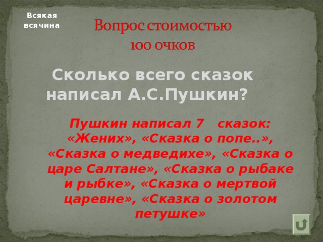 Всякая всячина     Сколько всего сказок написал А.С.Пушкин? Пушкин написал 7 сказок: «Жених», «Сказка о попе..», «Сказка о медведихе», «Сказка о царе Салтане», «Сказка о рыбаке и рыбке», «Сказка о мертвой царевне», «Сказка о золотом петушке» 