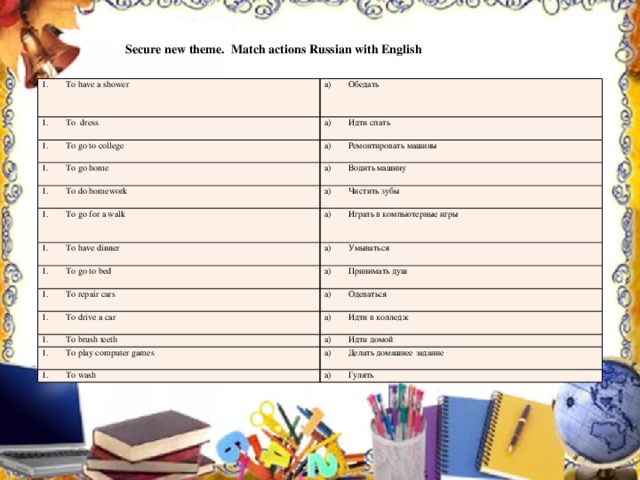  Secure new theme. Match actions Russian with English To have a shower To dress Обедать Идти спать To go to college Ремонтировать машины To go home Водить машину To do homework Чистить зубы To go for a walk Играть в компьютерные игры To have dinner Умываться To go to bed Принимать душ To repair cars Одеваться To drive a car Идти в колледж To brush teeth Идти домой To play computer games Делать домашнее задание To wash Гулять 