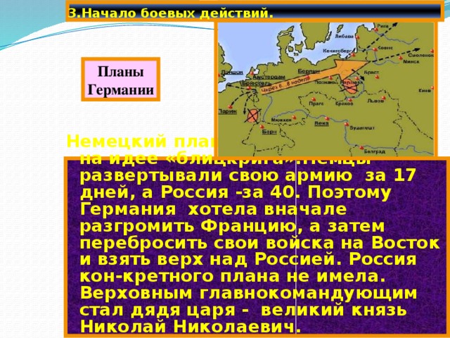 3.Начало боевых действий. Планы Германии Немецкий план войны базировался на идее «блицкрига».Немцы развертывали свою армию за 17 дней, а Россия -за 40. Поэтому Германия хотела вначале разгромить Францию, а затем перебросить свои войска на Восток и взять верх над Россией. Россия кон-кретного плана не имела. Верховным главнокомандующим стал дядя царя - великий князь Николай Николаевич. 