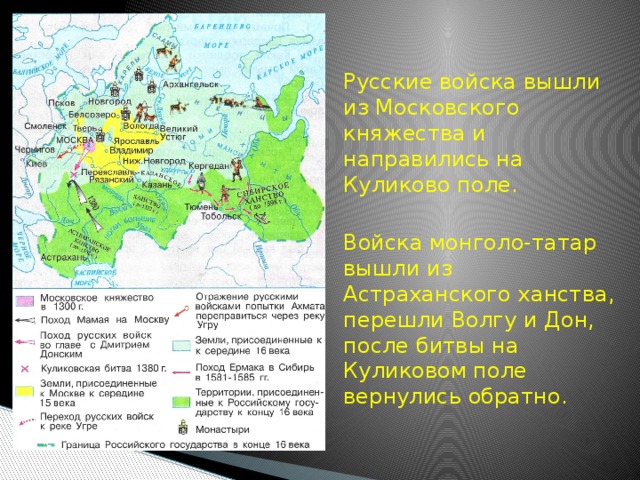  Русские войска вышли из Московского княжества и направились на Куликово поле.  Войска монголо-татар вышли из Астраханского ханства, перешли Волгу и Дон, после битвы на Куликовом поле вернулись обратно. 