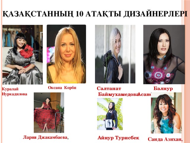 Қазақстанның 10 атақты дизайнерлері    Куралай Нуркадилова  Салтанат  Баймухамедова  Оксана Корби         Саида Азихан,  Балнур Асанова Лария Джакамбаева ,  Айнур Турисбек 