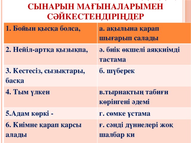 Мәтінге сүйеніп, сөйлемдердің сынарын мағыналарымен сәйкестендіріңдер 1. Бойын қысқа болса, а. ақылына қарап шығарып салады 2. Нейіл-артқа қызықпа, ә. биік өкшелі аяқкиімді тастама 3. Кестесіз, сызықтары, басқа б. шүберек 4. Тым үлкен в.тырнақтың табиғи көрінгені әдемі 5.Адам көркі - г. сөмке ұстама 6. Киімне қарап қарсы алады ғ. сәнді дүниелері жоқ шалбар ки  