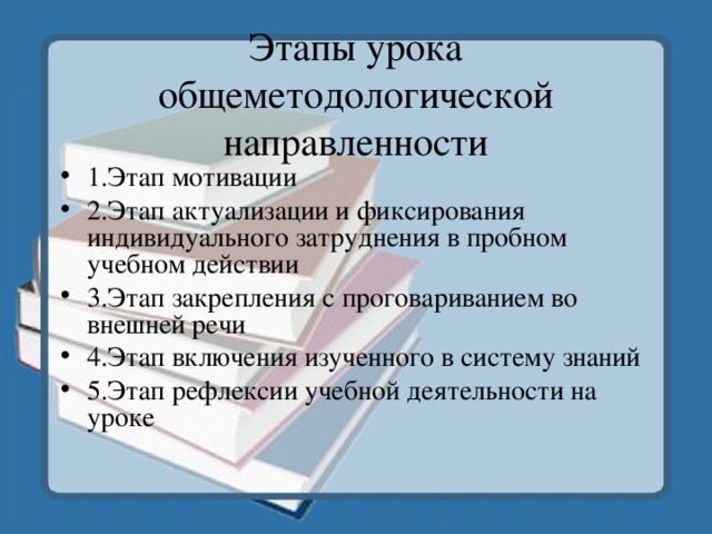 Этапы урока общеметодологической направленности 1.Этап мотивации 2.Этап актуализации и фиксирования индивидуального затруднения в пробном учебном действии 3.Этап закрепления с проговариванием во внешней речи 4.Этап включения изученного в систему знаний 5.Этап рефлексии учебной деятельности на уроке 