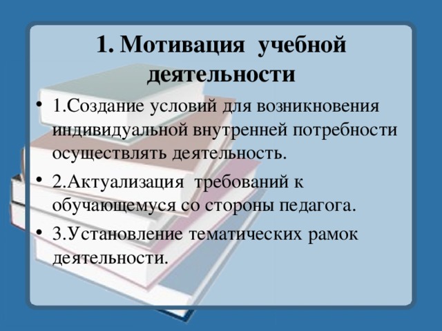1. Мотивация учебной деятельности 1.Создание условий для возникновения индивидуальной внутренней потребности осуществлять деятельность. 2.Актуализация требований к обучающемуся со стороны педагога. 3.Установление тематических рамок деятельности. 