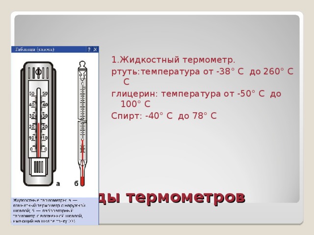 1.Жидкостный термометр. ртуть:температура от -38° С до 260° С С глицерин: температура от -50° С до 100° С Спирт: -40° С до 78° С Виды термометров 