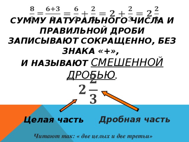  СУММУ НАТУРАЛЬНОГО ЧИСЛА И ПРАВИЛЬНОЙ ДРОБИ ЗАПИСЫВАЮТ СОКРАЩЕННО, БЕЗ ЗНАКА «+»,  И НАЗЫВАЮТ СМЕШЕННОЙ ДРОБЬЮ .   Дробная часть Целая часть Читают так: « две целых и две третьи» 