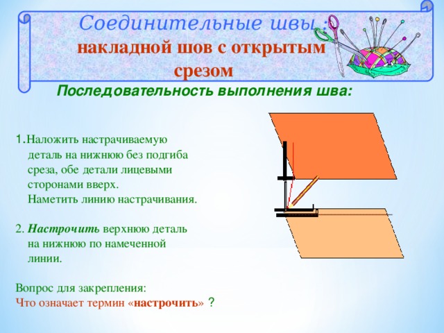 Соединительные швы : накладной шов с открытым c резом Последовательность выполнения шва:  1 . Наложить настрачиваемую  деталь на нижнюю без подгиба  среза, обе детали лицевыми  сторонами вверх.  Наметить линию настрачивания. 2. Настрочить верхнюю деталь  на нижнюю по намеченной  линии. Вопрос для закрепления: Что означает термин  « настрочить » ? 