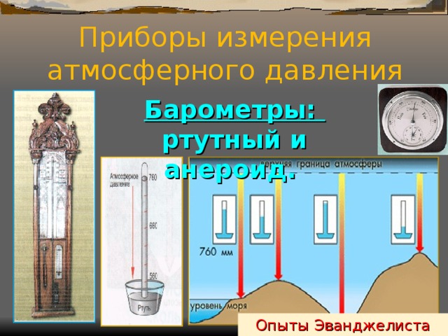 Приборы измерения атмосферного давления Барометры: ртутный и анероид. Опыты Эванджелиста Торричелли