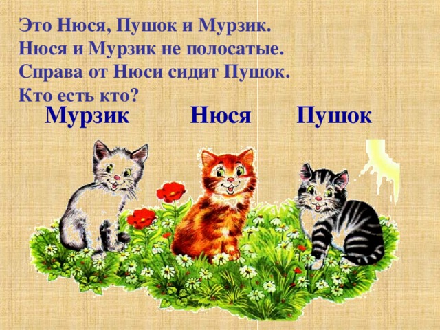 Это Нюся, Пушок и Мурзик.  Нюся и Мурзик не полосатые.  Справа от Нюси сидит Пушок.  Кто есть кто?     Мурзик   Нюся  Пушок 