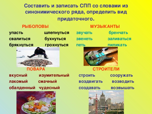 Составить и записать СПП со словами из синонимического ряда, определить вид придаточного .  РЫБОЛОВЫ упасть шлепнуться свалиться бухнуться брякнуться грохнуться   МУЗЫКАНТЫ звучать бренчать звенеть заливаться петь пиликать   ПОВАРА  СТРОИТЕЛИ вкусный изумительный лакомый смачный обалденный чудесный строить сооружать воздвигать возводить создавать возвышать 