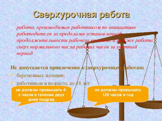 Сверхурочная работа  работа, производимая работником по инициативе работодателя за пределами установленной продолжительности рабочего времени, а также работа сверх нормального числа рабочих часов за учетный период  Не допускается привлечение к сверхурочным работам: беременных женщин; работников в возрасте до 18 лет не должны превышать 4-х часов в течение двух дней подряд не должны превышать 120 часов в год 