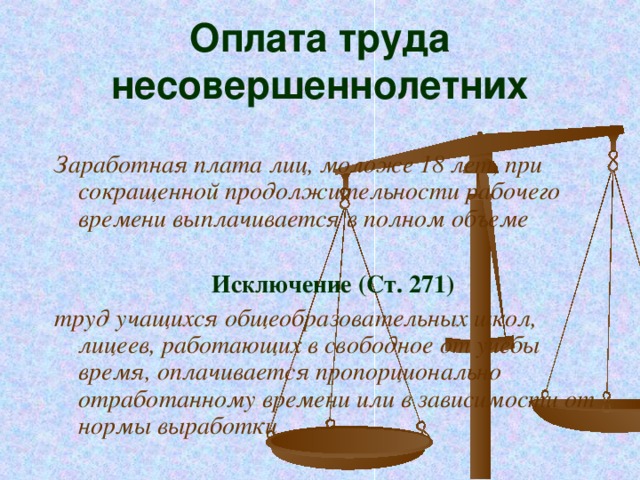 Оплата труда несовершеннолетних Заработная плата лиц, моложе 18 лет, при сокращенной продолжительности рабочего времени выплачивается в полном объеме  Исключение (Ст. 271) труд учащихся общеобразовательных школ, лицеев, работающих в свободное от учебы время, оплачивается пропорционально отработанному времени или в зависимости от нормы выработки 