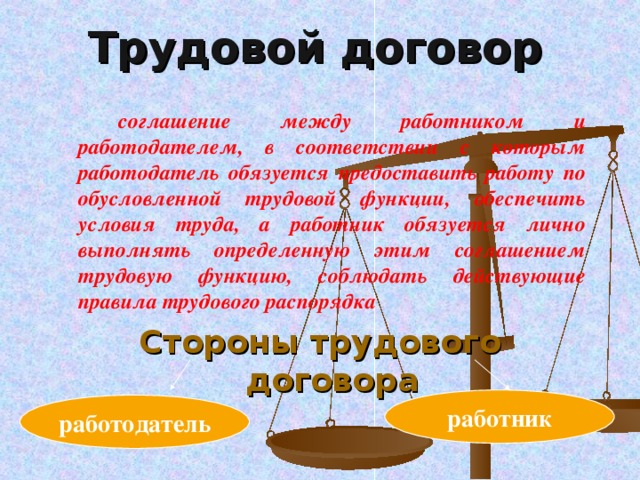 Трудовой договор     соглашение между работником и работодателем, в соответствии с которым работодатель обязуется предоставить работу по обусловленной трудовой функции, обеспечить условия труда, а работник обязуется лично выполнять определенную этим соглашением трудовую функцию, соблюдать действующие правила трудового распорядка Стороны трудового договора работник работодатель 