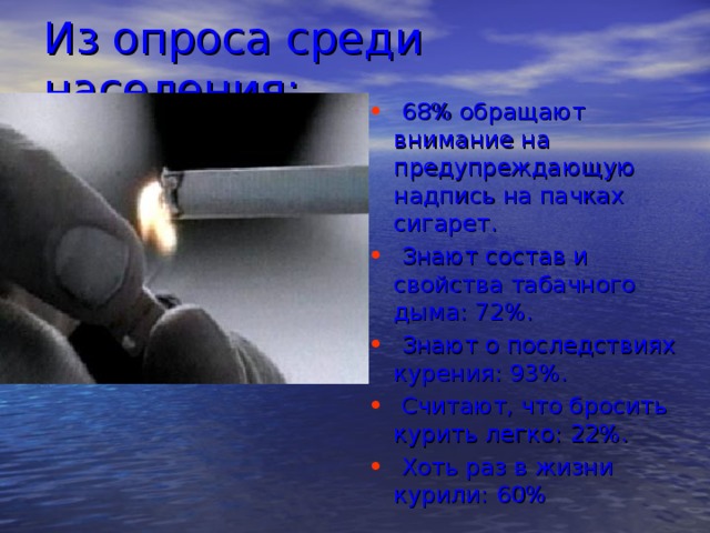 Из опроса среди населения:  68% обращают внимание на предупреждающую надпись на пачках сигарет.  Знают состав и свойства табачного дыма: 72%.  Знают о последствиях курения: 93%.  Считают, что бросить курить легко: 22%.  Хоть раз в жизни курили: 60% 
