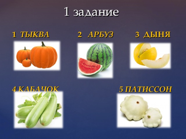 1 задание   1 ТЫКВА 2 АРБУЗ 3 ДЫНЯ  4 КАБАЧОК 5 ПАТИССОН 