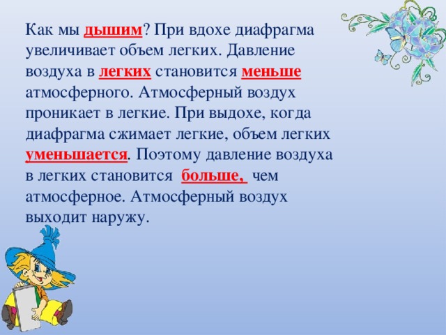 Как мы дышим ? При вдохе диафрагма увеличивает объем легких. Давление воздуха в  легких  становится  меньше  атмосферного. Атмосферный воздух проникает в легкие. При выдохе, к огда диафрагма сжимает легкие, объем легких уменьшается . Поэтому давление воздуха в легких становится   больше,   чем атмосферное. Атмосферный в оздух выходит наружу. 