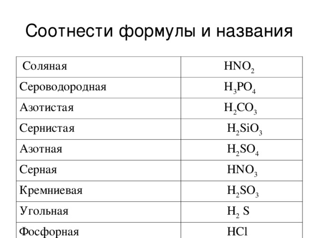 Соотнести формулы и названия  Соляная  HNO 2 Сероводородная  H 3 PO 4 Азотистая  H 2 CO 3 Сернистая  H 2 SiO 3 Азотная  H 2 SO 4 Серная  HNO 3 Кремниевая  H 2 SO 3 Угольная  H 2 S Фосфорная  HCl 