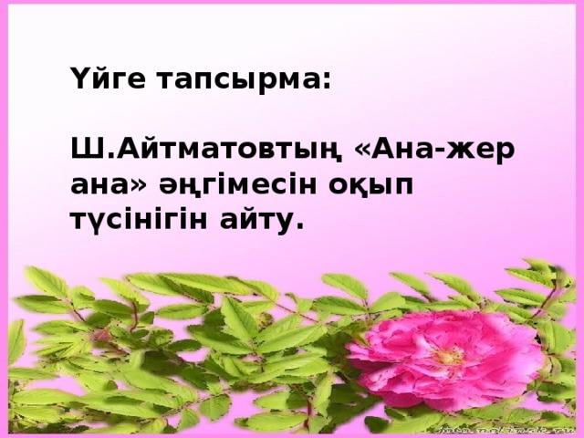  Үйге тапсырма:  Ш.Айтматовтың «Ана-жер ана» әңгімесін оқып түсінігін айту.  