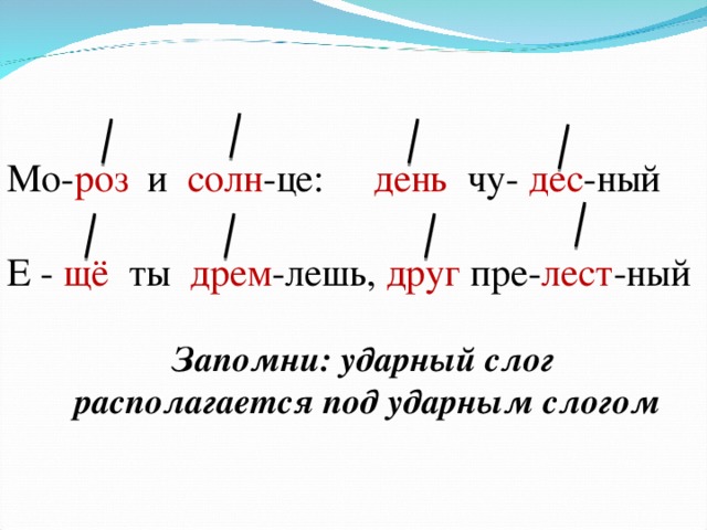 Мо- роз и солн -це: день чу- дес -ный Е - щё ты дрем -лешь, друг пре- лест -ный  Запомни: ударный слог  располагается под ударным слогом   