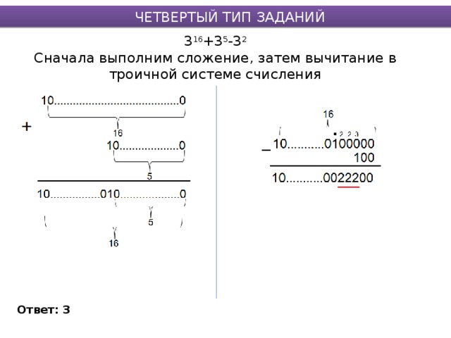 ЧЕТВЕРТЫЙ ТИП ЗАДАНИЙ 3 16 +3 5 -3 2  Сначала выполним сложение, затем вычитание в троичной системе счисления Ответ: 3 