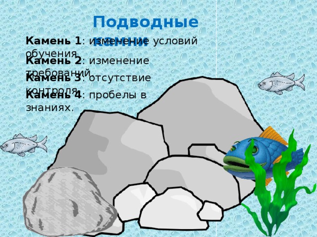 Подводные камни Камень 1 : изменение условий обучения Камень 2 : изменение требований. Камень 3 : отсутствие контроля. Камень 4 : пробелы в знаниях. 