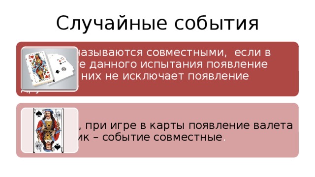 Случайные события События называются совместными, если в результате данного испытания появление одного из них не исключает появление другого. Например, при игре в карты появление валета и масти пик – событие совместные . 