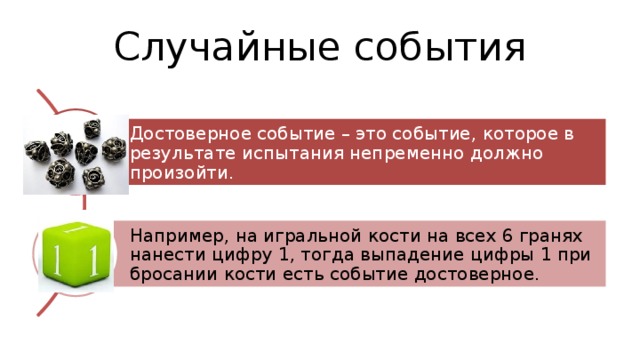Случайные события Достоверное событие – это событие, которое в результате испытания непременно должно произойти. Например, на игральной кости на всех 6 гранях нанести цифру 1, тогда выпадение цифры 1 при бросании кости есть событие достоверное. 
