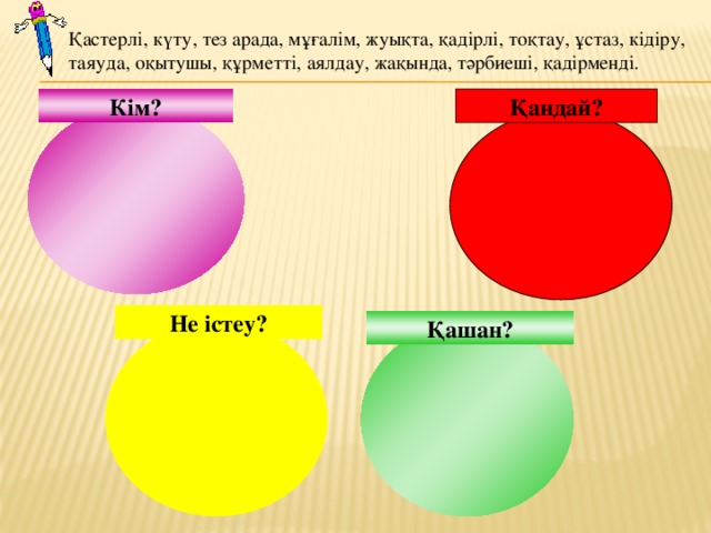 Қастерлі, күту, тез арада, мұғалім, жуықта, қадірлі, тоқтау, ұстаз, кідіру, таяуда, оқытушы, құрметті, аялдау, жақында, тәрбиеші, қадірменді. Кім? Қандай?   Не істеу? Қашан?  