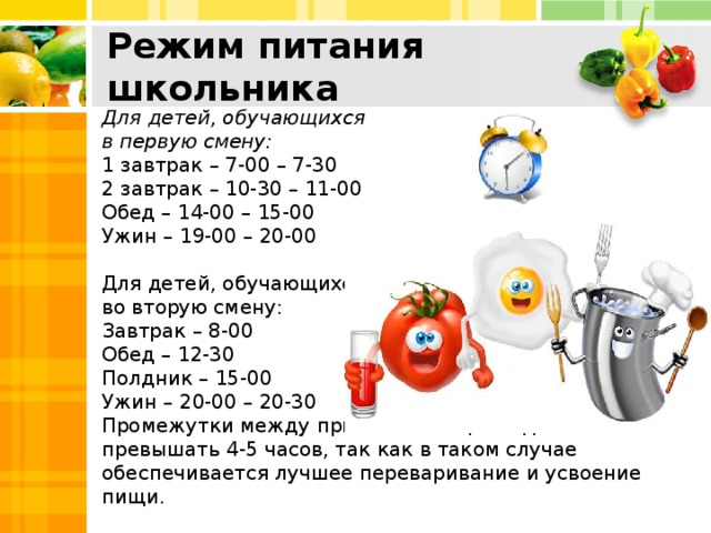 Режим питания школьника Для детей, обучающихся в первую смену: 1 завтрак – 7-00 – 7-30  2 завтрак – 10-30 – 11-00  Обед – 14-00 – 15-00  Ужин – 19-00 – 20-00 Для детей, обучающихся во вторую смену: Завтрак – 8-00  Обед – 12-30  Полдник – 15-00  Ужин – 20-00 – 20-30 Промежутки между приёмами пищи не должны превышать 4-5 часов, так как в таком случае обеспечивается лучшее переваривание и усвоение пищи.