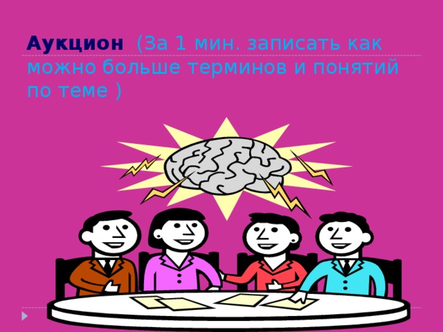 Аукцион  (За 1 мин. записать как можно больше терминов и понятий по теме ) 
