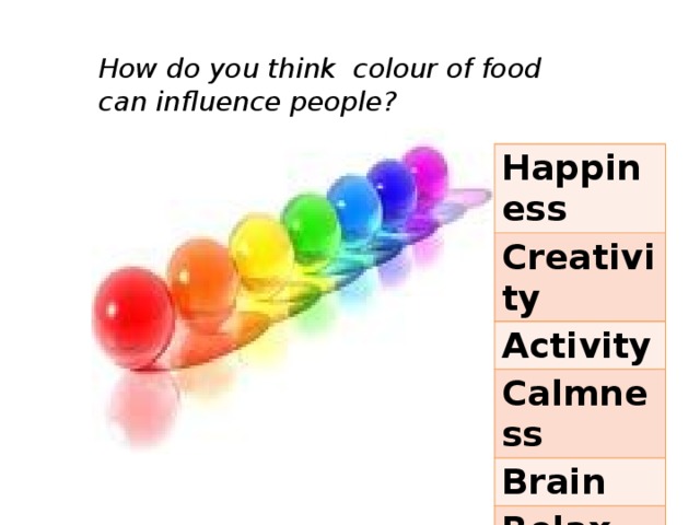 How do you think colour of food can influence people? Happiness Creativity Activity Calmness Brain Relax 