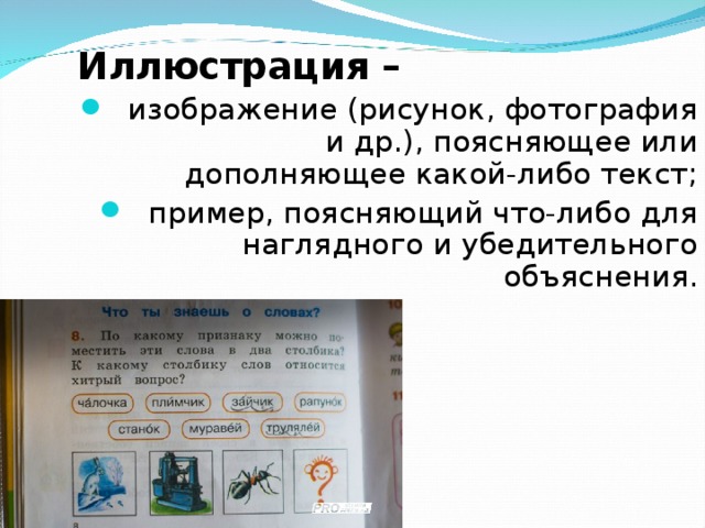 Иллюстрация –  изображение (рисунок, фотография и др.), поясняющее или дополняющее какой-либо текст; пример, поясняющий что-либо для наглядного и убедительного объяснения. 