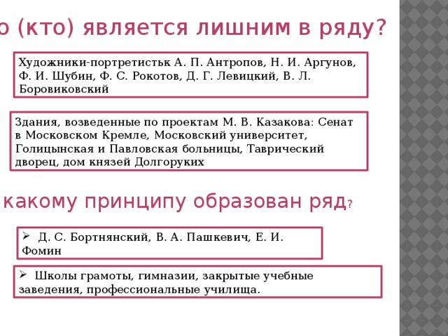Что (кто) является лишним в ряду? Художники-портретистьк А. П. Антропов, Н. И. Аргунов, Ф. И. Шубин, Ф. С. Рокотов, Д. Г. Левицкий, В. Л. Боровиковский Здания, возведенные по проектам М. В. Казакова: Сенат в Московском Кремле, Московский университет, Голицынская и Павловская больницы, Таврический дворец, дом князей Долгоруких По какому принципу образован ряд ?  Д. С. Бортнянский, В. А. Пашкевич, Е. И. Фомин  Школы грамоты, гимназии, закрытые учебные заведения, профессиональные училища. 