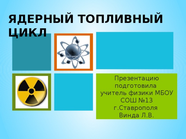 ЯДЕРНЫЙ ТОПЛИВНЫЙ ЦИКЛ Презентацию подготовила учитель физики МБОУ СОШ №13 г.Ставрополя Винда Л.В. 